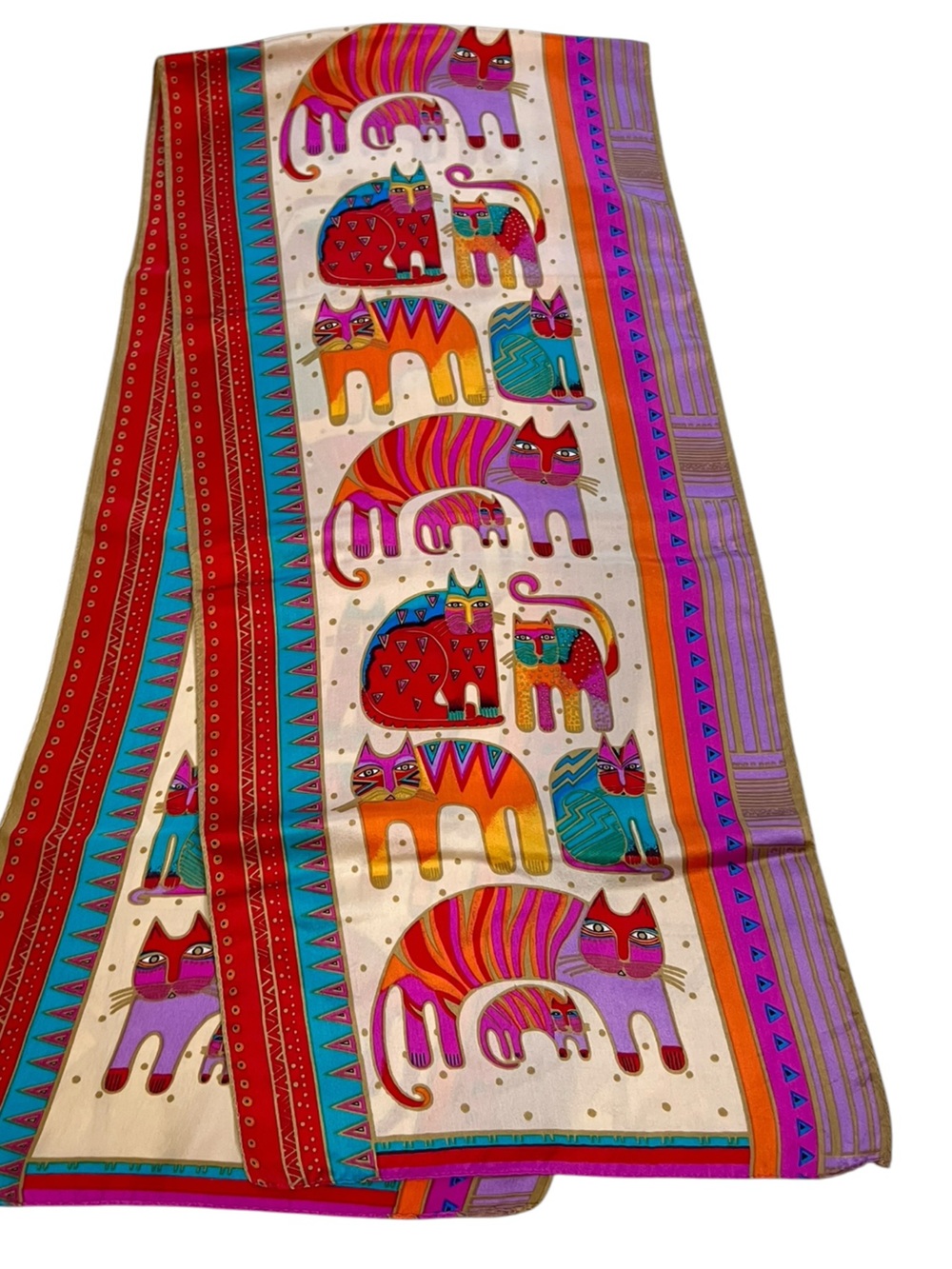 Laurel Burch Colorful Fantastic Felines Silk Scarf Rectangle 11.5” by 50”